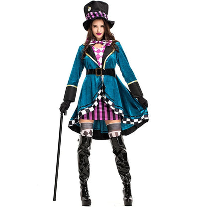 Women Mad Hatter Cosplay Fancy Dress Magic Tuxedo Halloween Carnival Costume