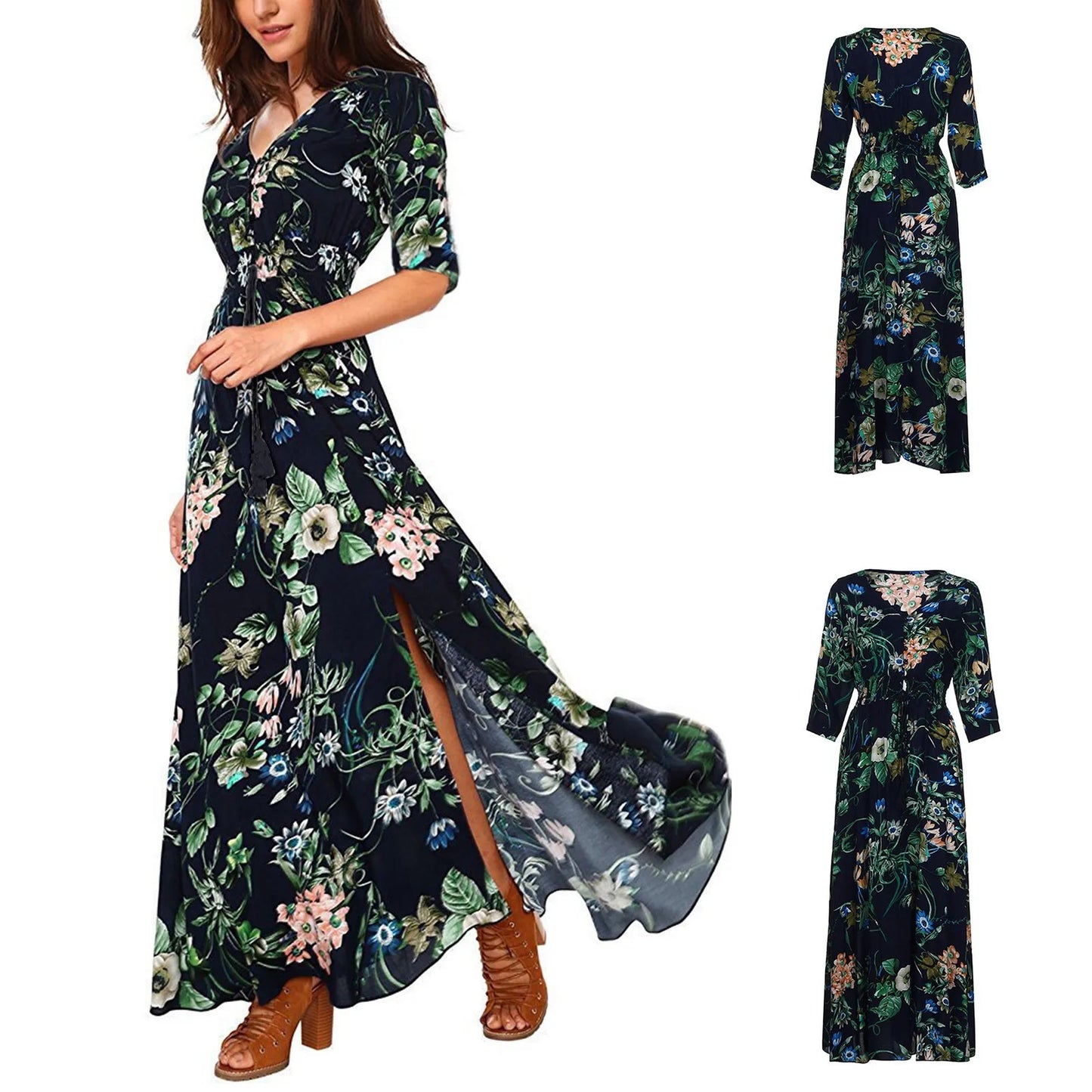 JuliaFashion - Women Cotton Floral Split Maxi Party Long Flowy Button Boho Vestidos Summer V Neck Knee Length For Women 2024 Dress