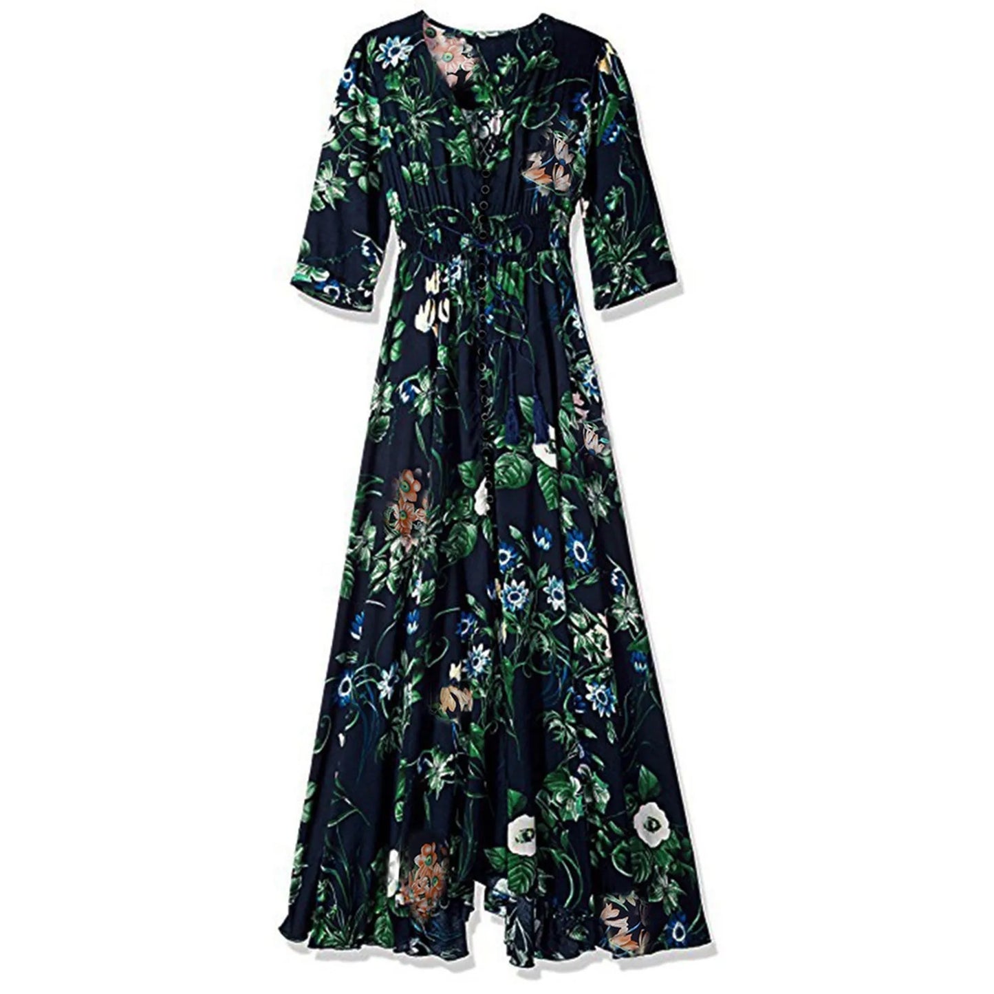 JuliaFashion - Women Cotton Floral Split Maxi Party Long Flowy Button Boho Vestidos Summer V Neck Knee Length For Women 2024 Dress