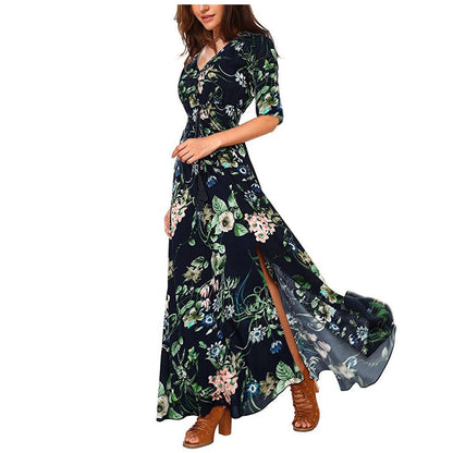 JuliaFashion - Women Cotton Floral Split Maxi Party Long Flowy Button Boho Vestidos Summer V Neck Knee Length For Women 2024 Dress