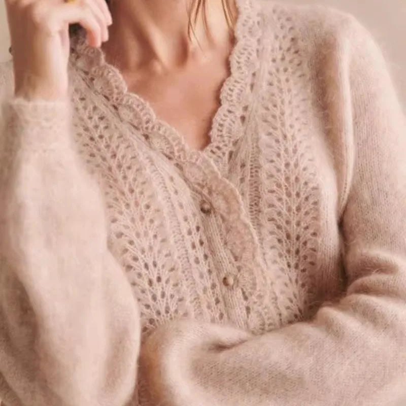 Hollow Out Long Puff Sleeve Mohair Blends Crochet Wave Pattern V-neck Single Breasted Cardigan