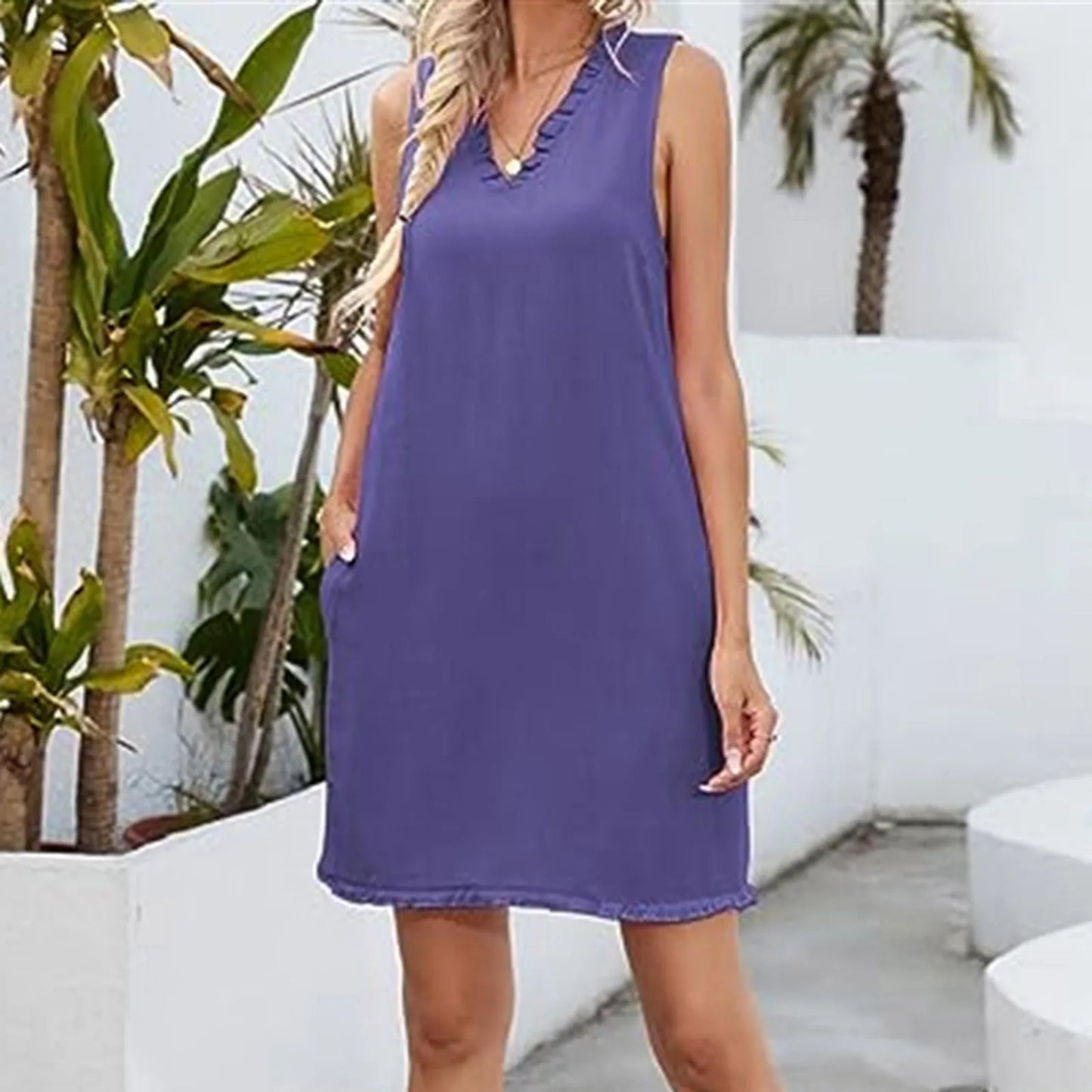 JuliaFashion - Women's V Neck Loose Fit Casual Summer Ruffled Solid Color Sleeveless Tank Summer Elegant Mini Dress