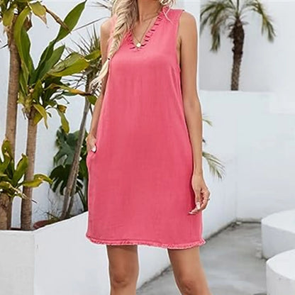 JuliaFashion - Women's V Neck Loose Fit Casual Summer Ruffled Solid Color Sleeveless Tank Summer Elegant Mini Dress