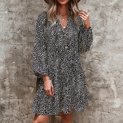 JuliaFashion - Women Elegant Dot Print Long Sleeve Mini 2024 Fashion Autumn Ruffles Button Vintage Female Holiday Party Dress