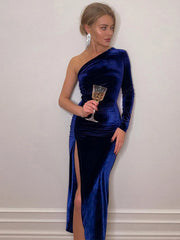 Julia Fashion - Women Elegant Long Sleeve Party Evening Velvet Split Mini Dress