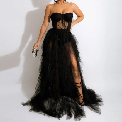 JuliaFashion - Elegant Party See Through Lace Mesh Corset Maxi Strapless Hollow Tulle Black Red Luxury Evening Gown Dress