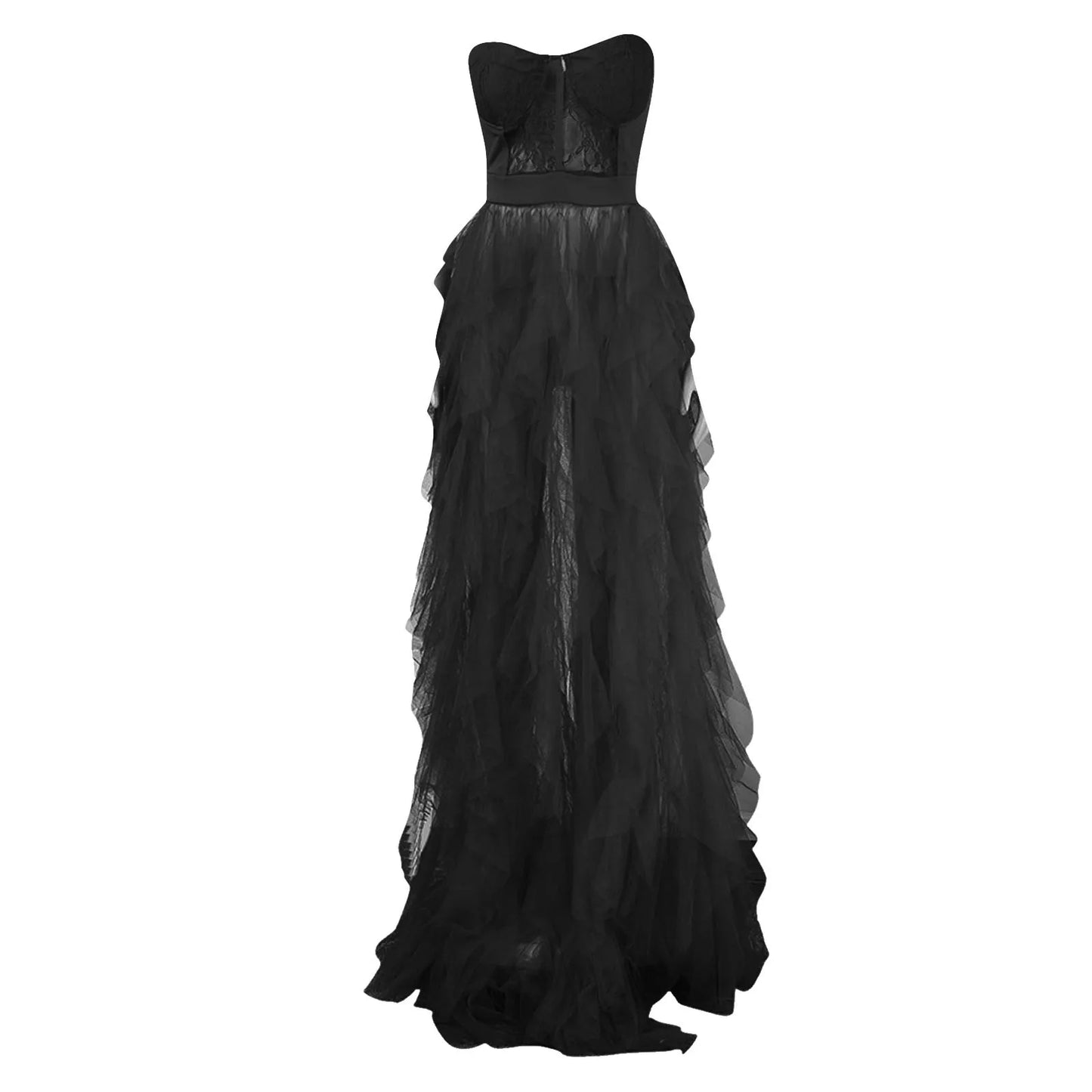 JuliaFashion - Elegant Party See Through Lace Mesh Corset Maxi Strapless Hollow Tulle Black Red Luxury Evening Gown Dress