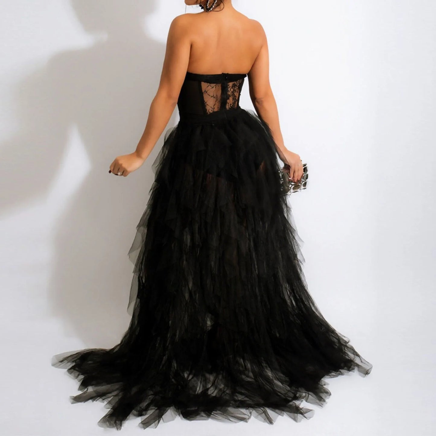 JuliaFashion - Elegant Party See Through Lace Mesh Corset Maxi Strapless Hollow Tulle Black Red Luxury Evening Gown Dress