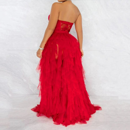 JuliaFashion - Elegant Party See Through Lace Mesh Corset Maxi Strapless Hollow Tulle Black Red Luxury Evening Gown Dress