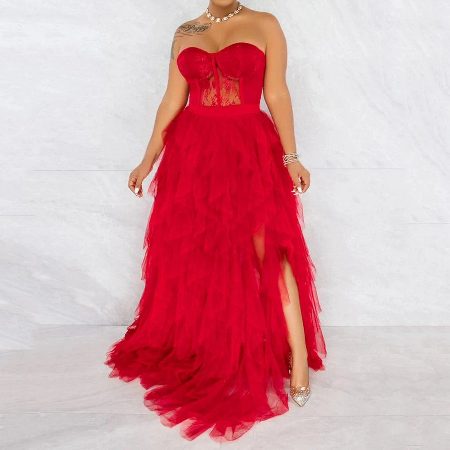 JuliaFashion - Elegant Party See Through Lace Mesh Corset Maxi Strapless Hollow Tulle Black Red Luxury Evening Gown Dress