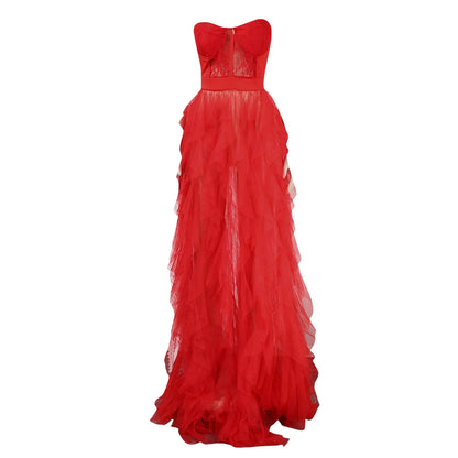 JuliaFashion - Elegant Party See Through Lace Mesh Corset Maxi Strapless Hollow Tulle Black Red Luxury Evening Gown Dress