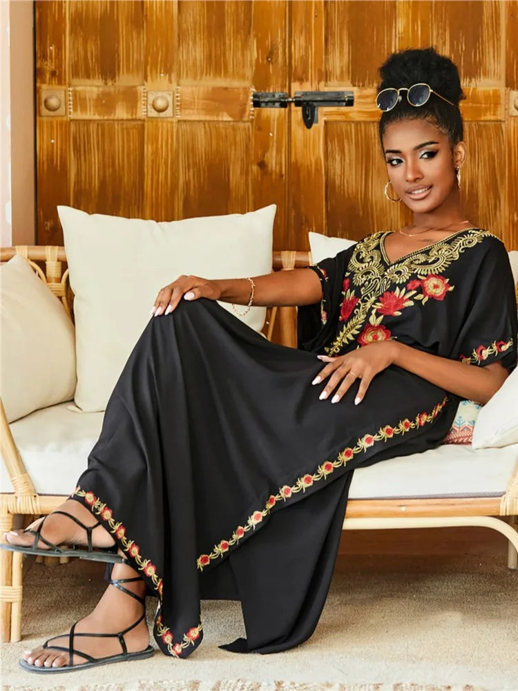 Embroidered Kaftan Beach Vacation Floral Dress oldfloraldress-250126