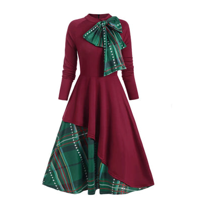 JuliaFashion - Evening Winter Autumn Long-Sleeved Round Neck Plaid Bowknot Big Swing Holiday Party Birthday Dress