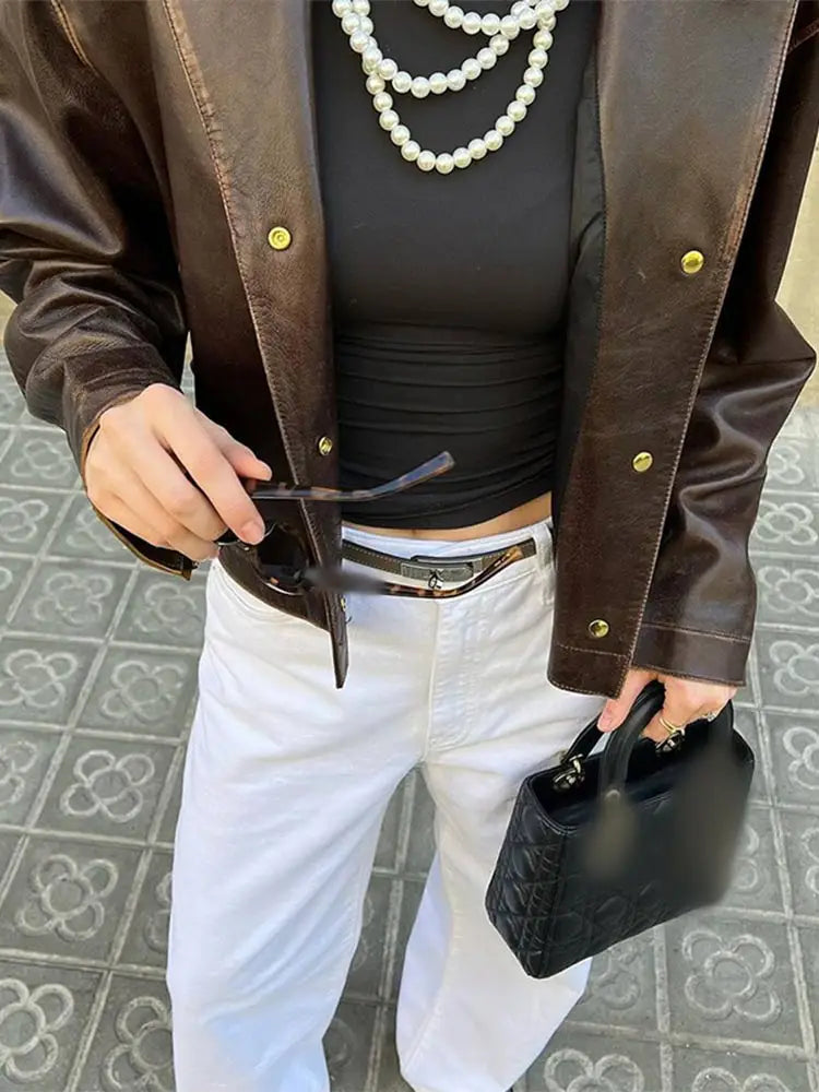 Fashion Chic Stylish Casual Brown Leather Jacket