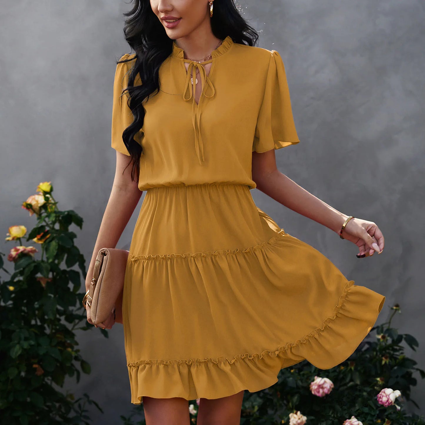 JuliaFashion - Fashion Casual Loose V Neck Tie Ruffle Cake 2024 Summer New Trend Solid Color Short Sleeve Patchwork Short Dress