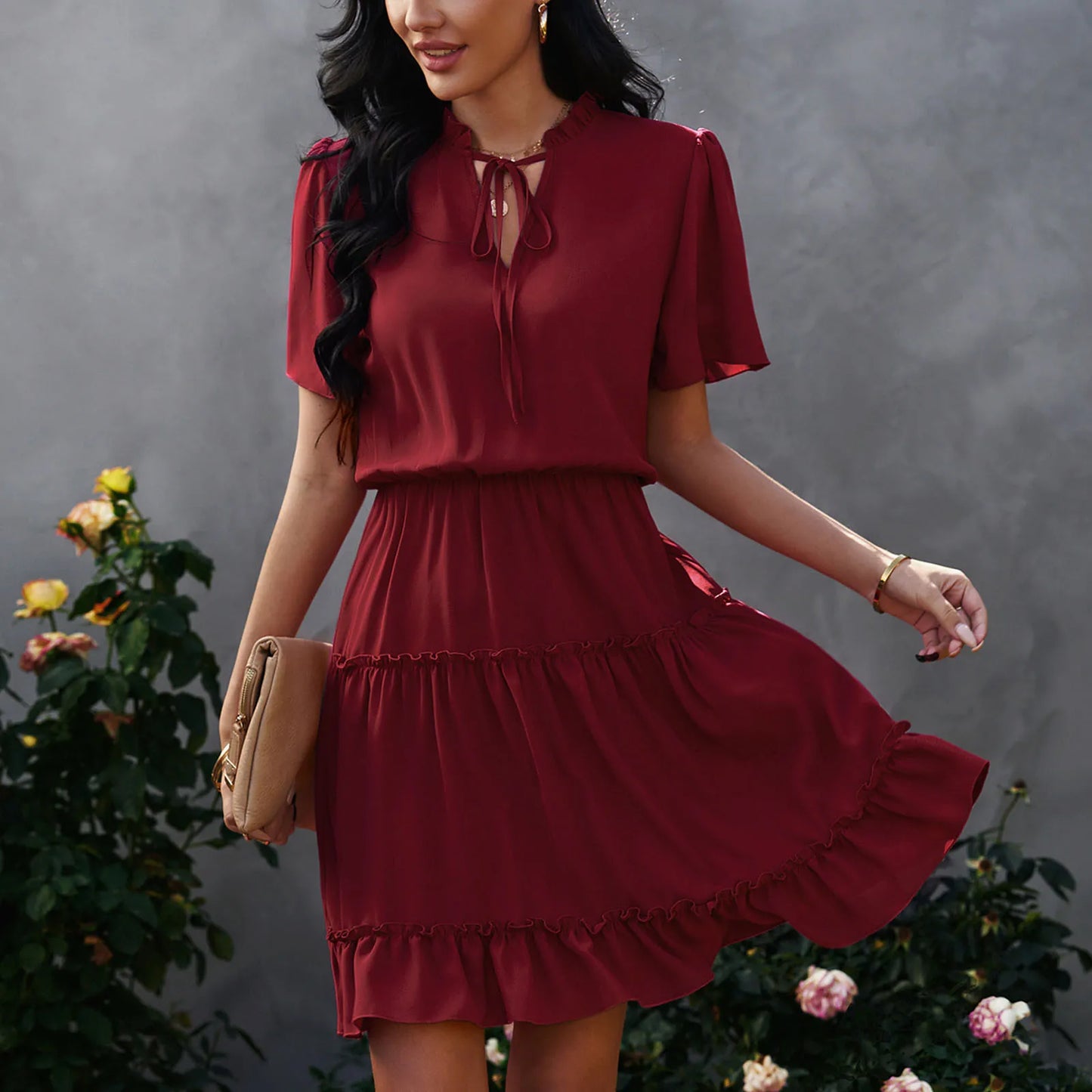 JuliaFashion - Fashion Casual Loose V Neck Tie Ruffle Cake 2024 Summer New Trend Solid Color Short Sleeve Patchwork Short Dress