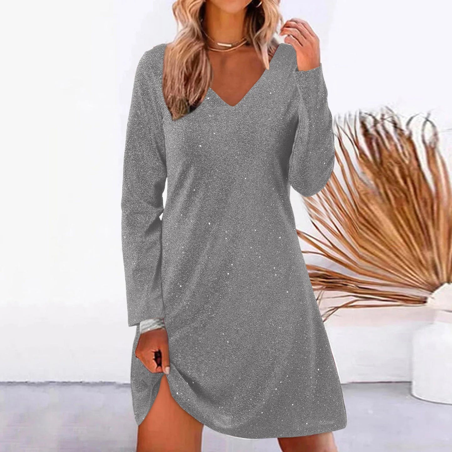 JuliaFashion - Fashion V Neck Long Sleeve Solid Color Sparkling Sequin Spring Autumn Elegant Casual Mini Dress