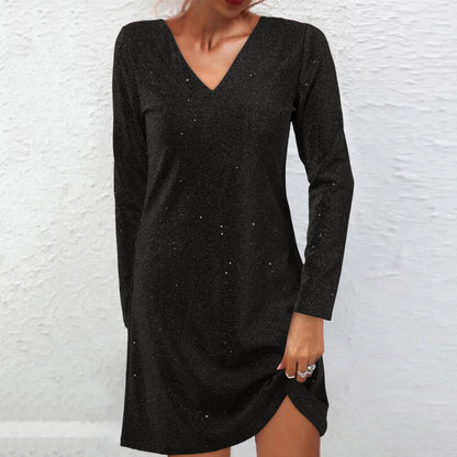 JuliaFashion - Fashion V Neck Long Sleeve Solid Color Sparkling Sequin Spring Autumn Elegant Casual Mini Dress