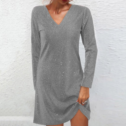 JuliaFashion - Fashion V Neck Long Sleeve Solid Color Sparkling Sequin Spring Autumn Elegant Casual Mini Dress