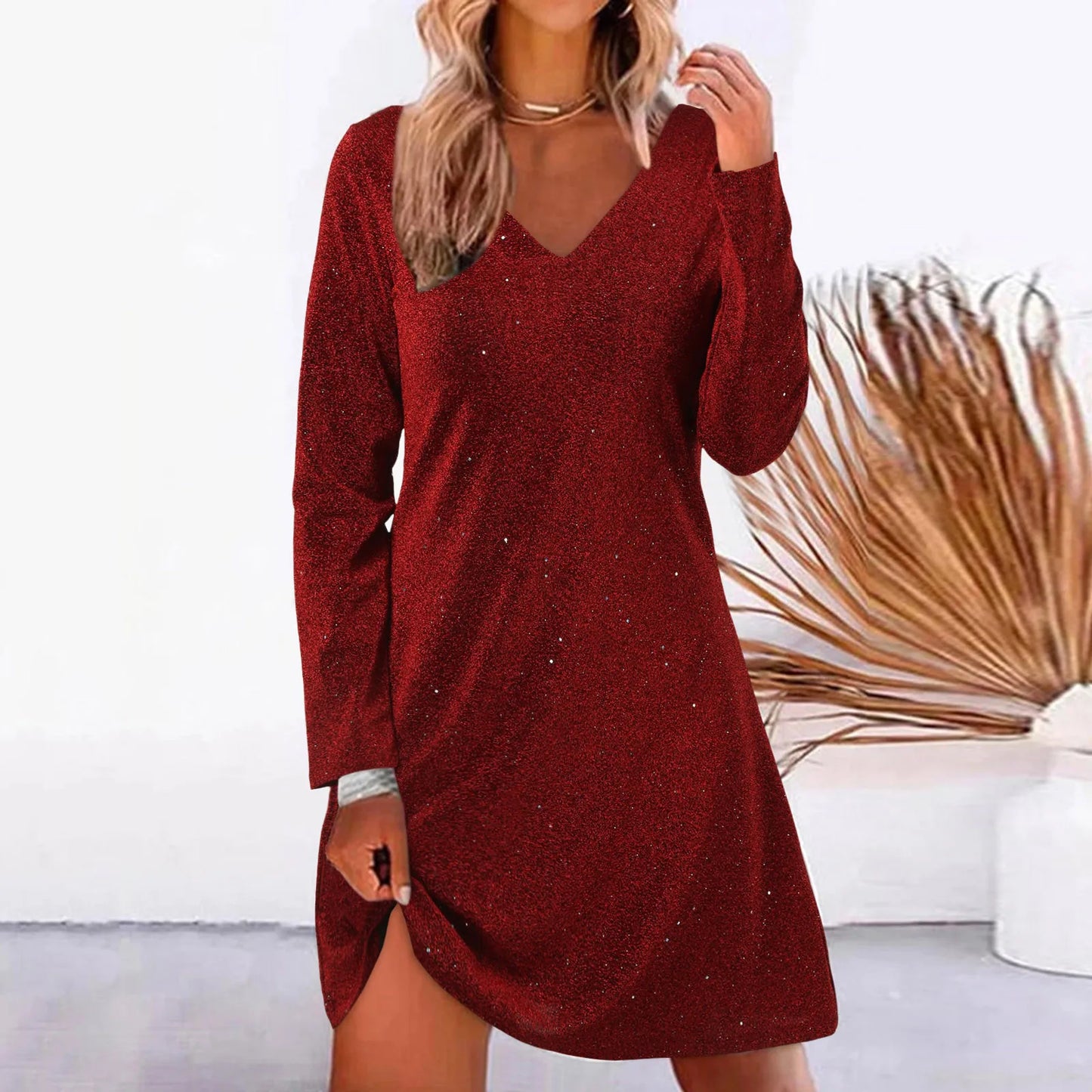 JuliaFashion - Fashion V Neck Long Sleeve Solid Color Sparkling Sequin Spring Autumn Elegant Casual Mini Dress