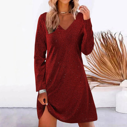 JuliaFashion - Fashion V Neck Long Sleeve Solid Color Sparkling Sequin Spring Autumn Elegant Casual Mini Dress