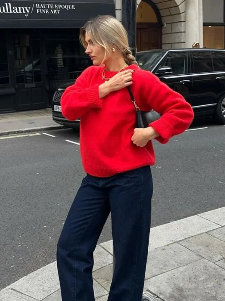 Loose Round Neck Retro Long Sleeve Knitted Pullover Christmas Sweater Sweaters-L