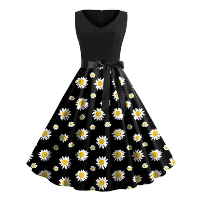 JuliaFashion - Women Floral Print Sleeveless High Waist Knee Casual Casual Retro 50s 60s Rockabilly Party Summer Vintage Dress