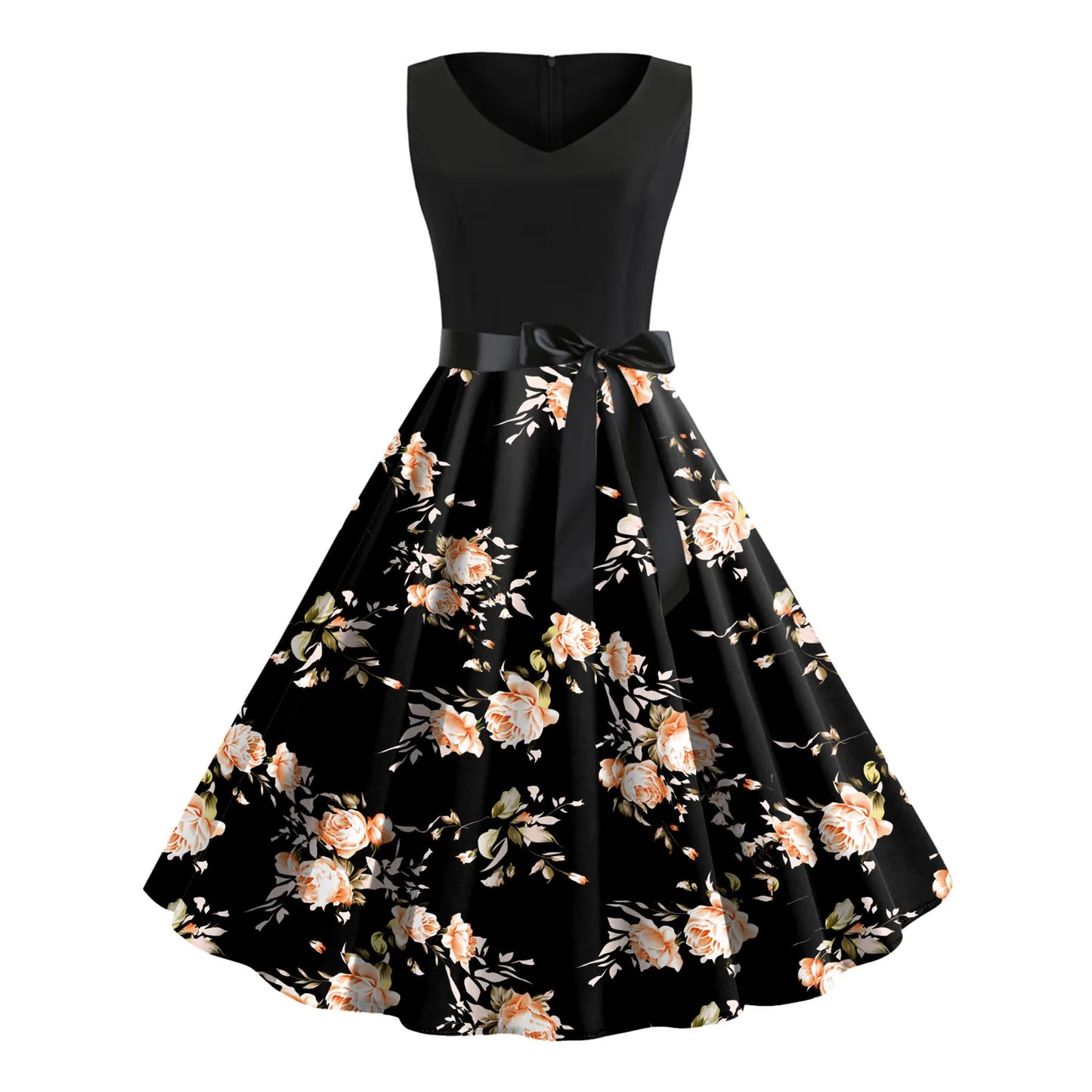 JuliaFashion - Women Floral Print Sleeveless High Waist Knee Casual Casual Retro 50s 60s Rockabilly Party Summer Vintage Dress