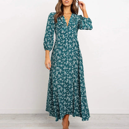 JuliaFashion - Women Floral V Neck Maxi 2024 Spring Summer Ladies Long Puff Sleeve Flared A-Line Fashion Casual For Women Dress