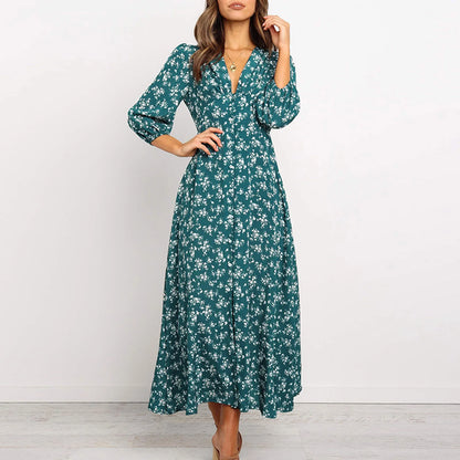 JuliaFashion - Women Floral V Neck Maxi 2024 Spring Summer Ladies Long Puff Sleeve Flared A-Line Fashion Casual For Women Dress