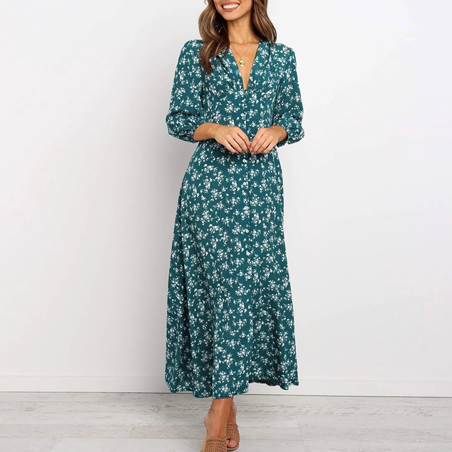 JuliaFashion - Women Floral V Neck Maxi 2024 Spring Summer Ladies Long Puff Sleeve Flared A-Line Fashion Casual For Women Dress