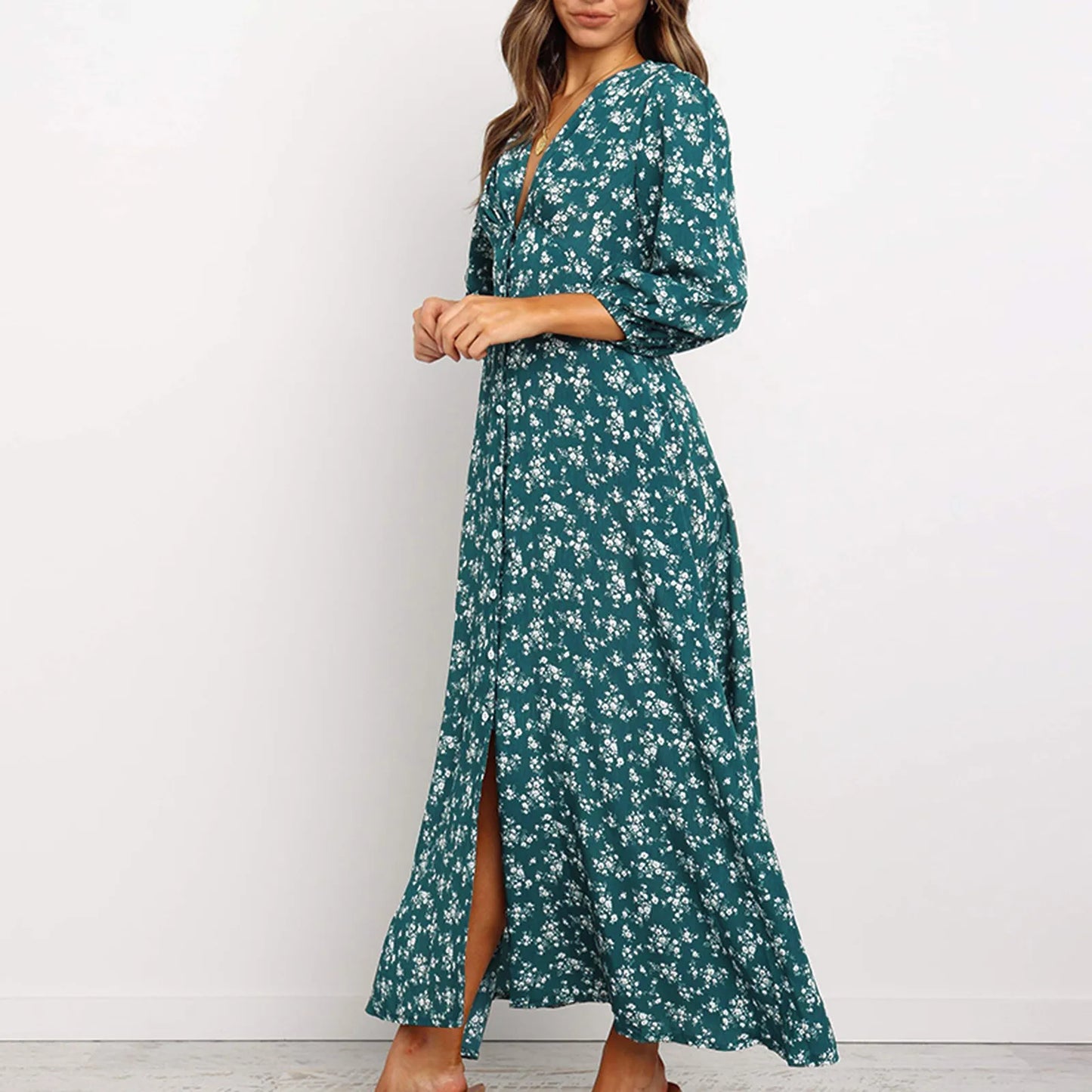 JuliaFashion - Women Floral V Neck Maxi 2024 Spring Summer Ladies Long Puff Sleeve Flared A-Line Fashion Casual For Women Dress