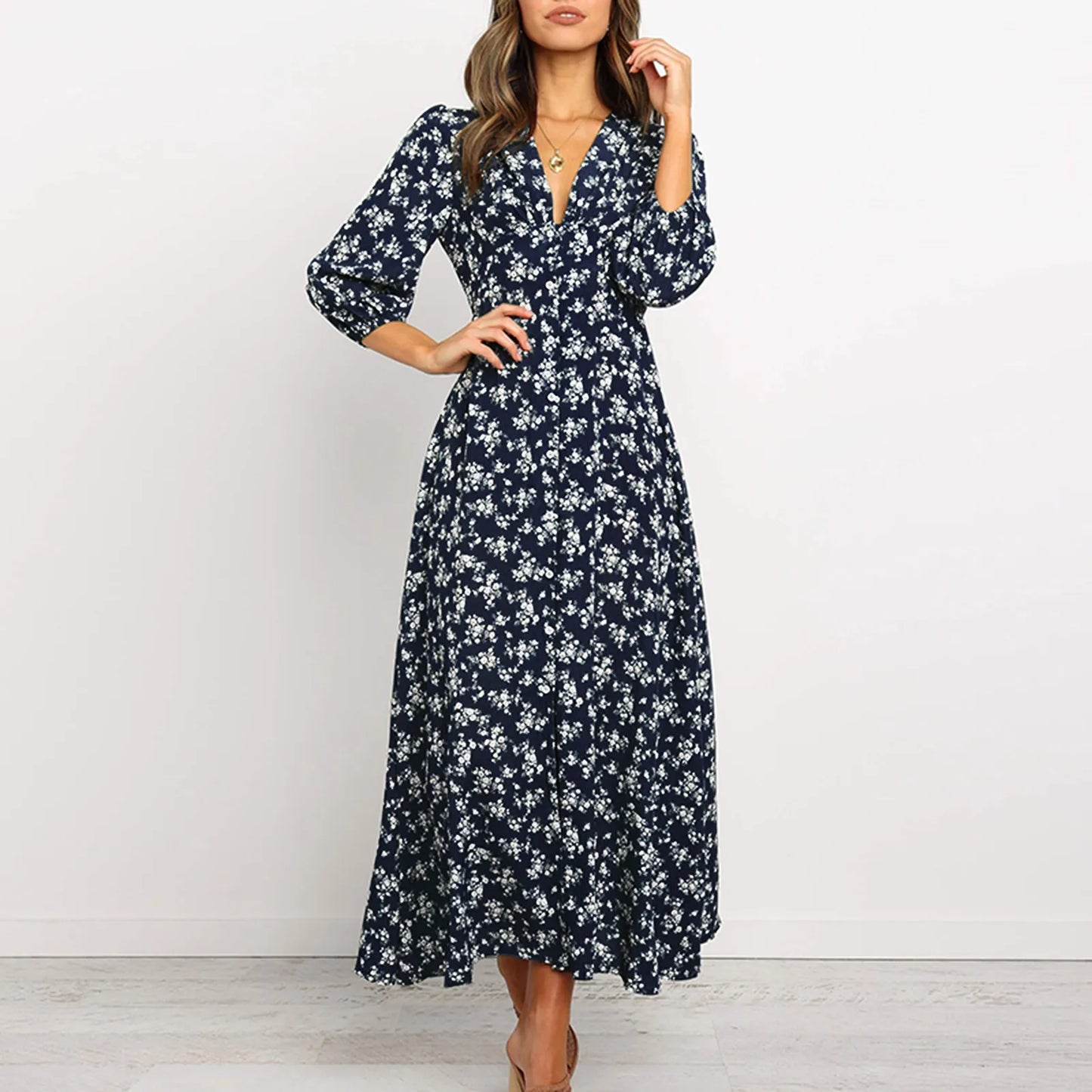 JuliaFashion - Women Floral V Neck Maxi 2024 Spring Summer Ladies Long Puff Sleeve Flared A-Line Fashion Casual For Women Dress