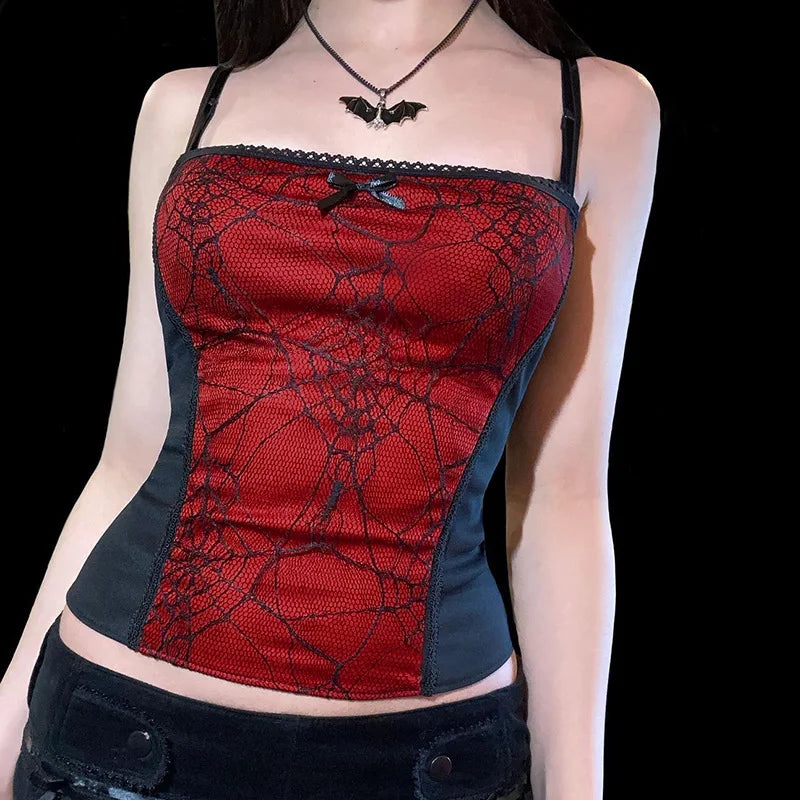 Gothic Spider Pattern Sleeveless Backless Zipper Crop Top