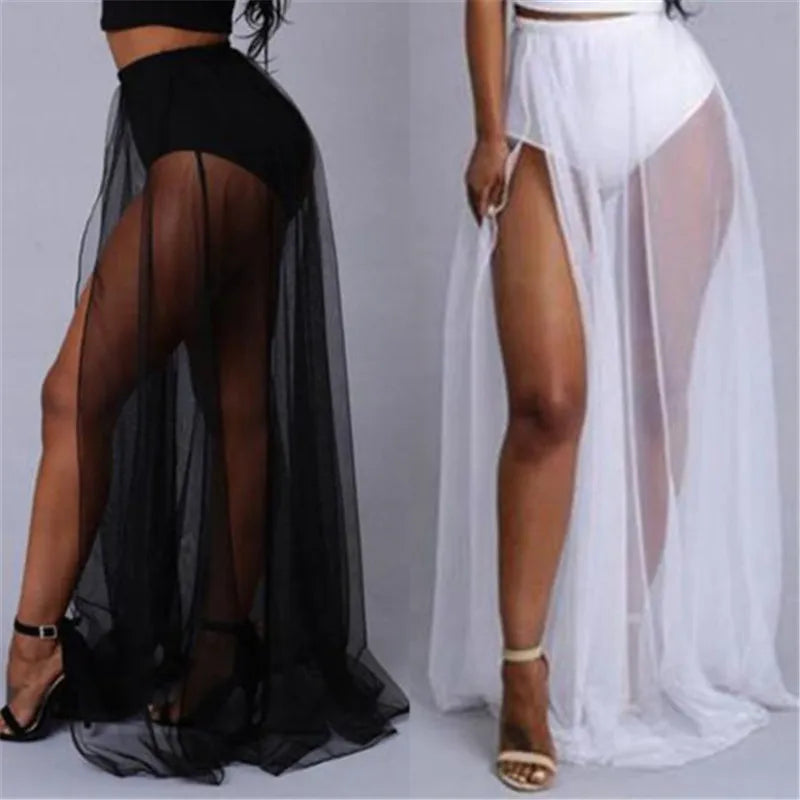 JuliaFashion - High Waist Mesh Empire See Through Sheer Side Split Transparent Chiffon Maxi Long Summer Skirts