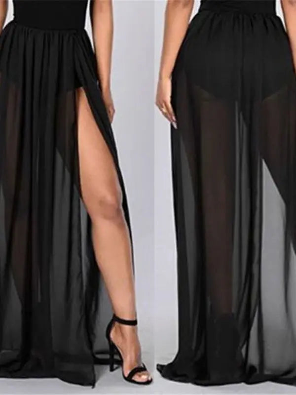 JuliaFashion - High Waist Mesh Empire See Through Sheer Side Split Transparent Chiffon Maxi Long Summer Skirts