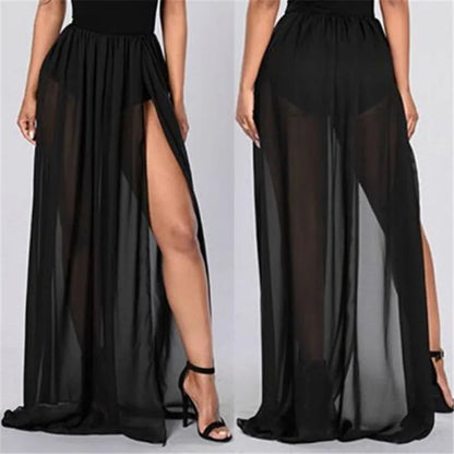 JuliaFashion - High Waist Mesh Empire See Through Sheer Side Split Transparent Chiffon Maxi Long Summer Skirts