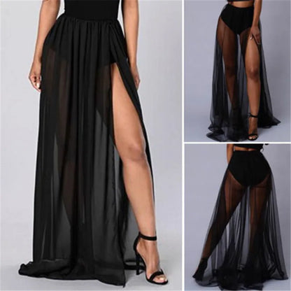 JuliaFashion - High Waist Mesh Empire See Through Sheer Side Split Transparent Chiffon Maxi Long Summer Skirts