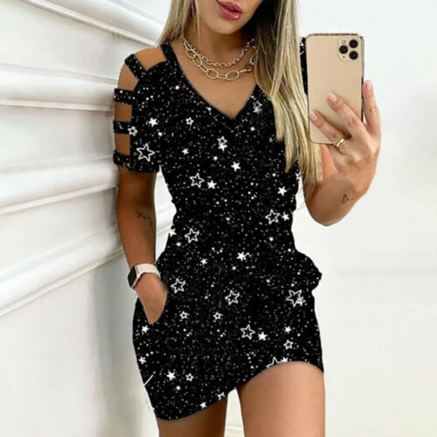 JuliaFashion - Women Hollow Cold Shoulder Slim Mini Stars Printed V-Neck Short Sleeve Casual Pockets Party Female Tight Vestidos Dress