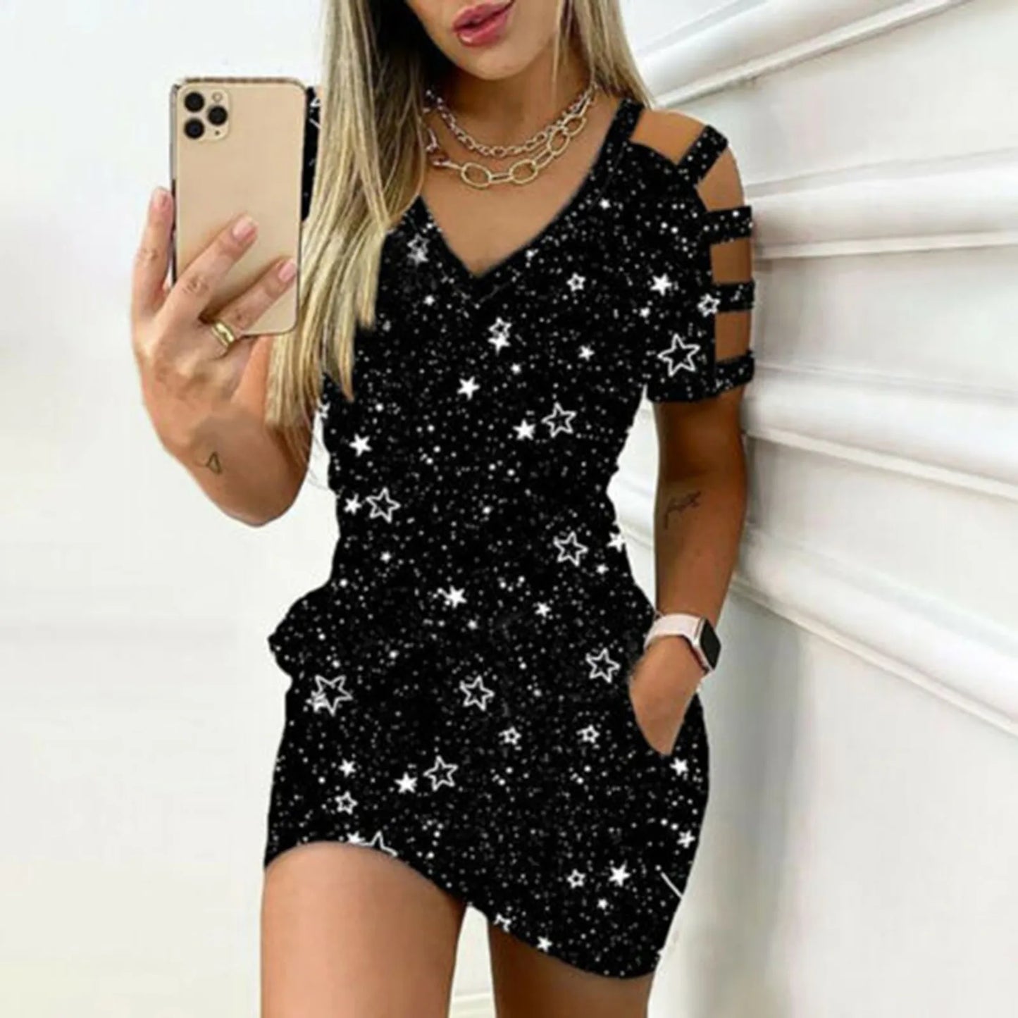 JuliaFashion - Women Hollow Cold Shoulder Slim Mini Stars Printed V-Neck Short Sleeve Casual Pockets Party Female Tight Vestidos Dress