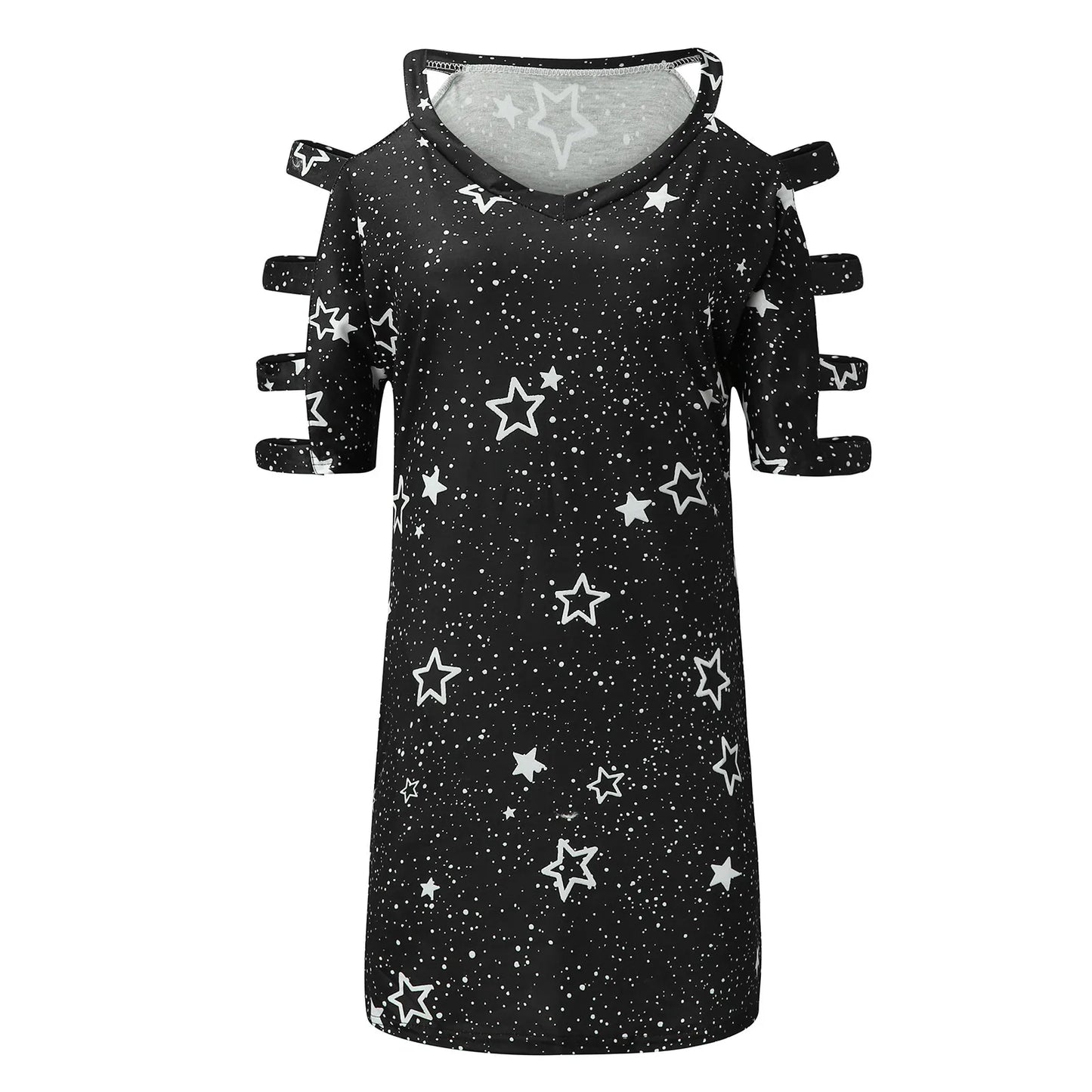 JuliaFashion - Women Hollow Cold Shoulder Slim Mini Stars Printed V-Neck Short Sleeve Casual Pockets Party Female Tight Vestidos Dress