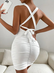 Women Hollow Out Square Collar Sleeveless Mini White Lace Up Backless Ruched Sheath Cut Dress