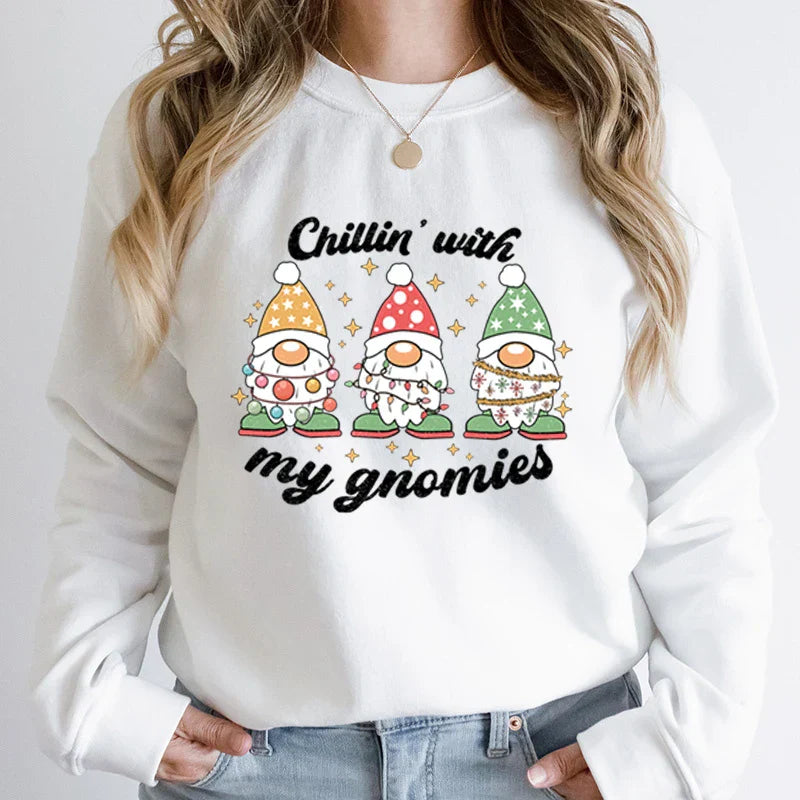 Hoodless Light Chillin’ Gnomies Round Neck Pullover Christmas Hoodie White / S Hoodies-L