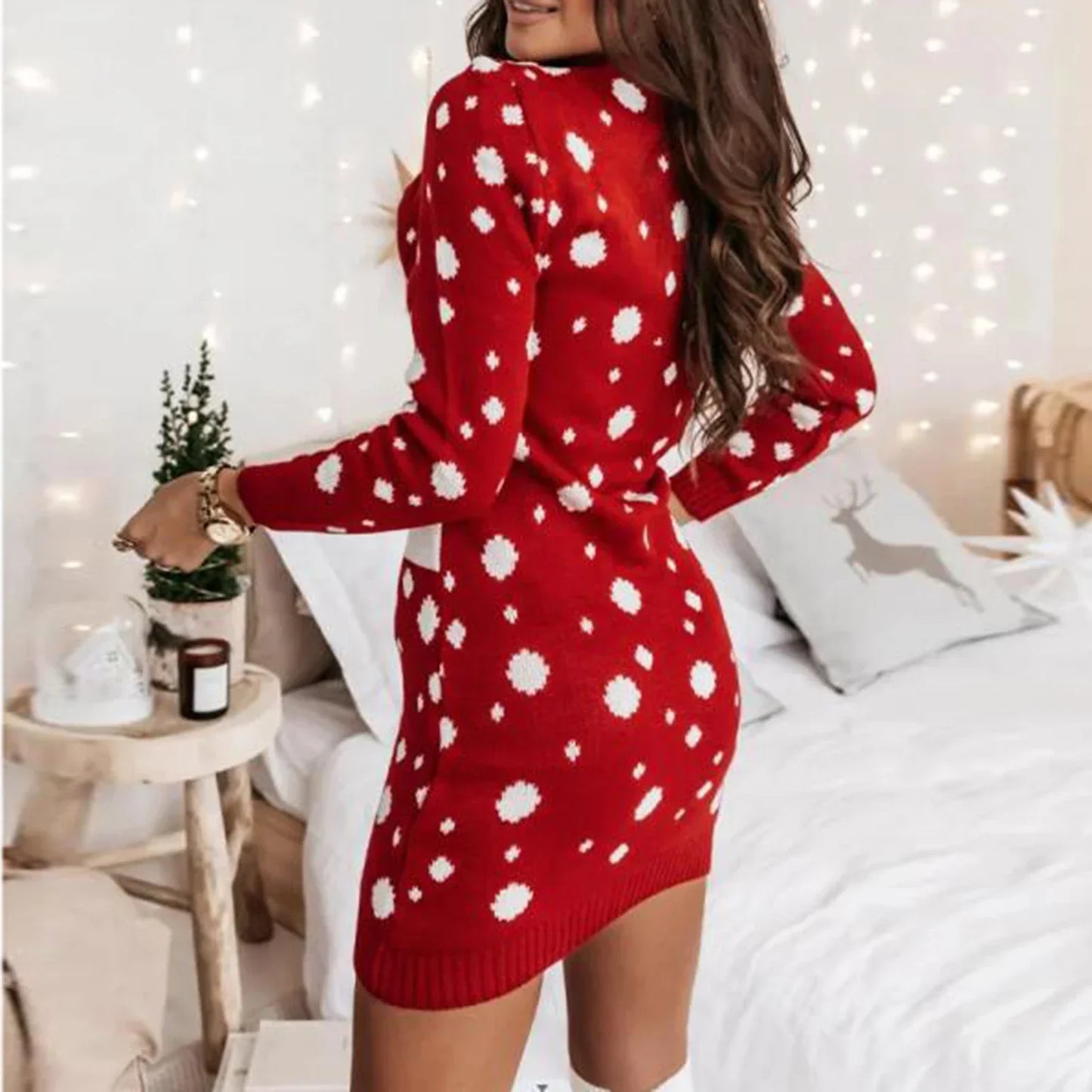 Knitted Long Sleeve Jacquard Red Crochet Casual Christmas Sexy Sweater Sweaters-L