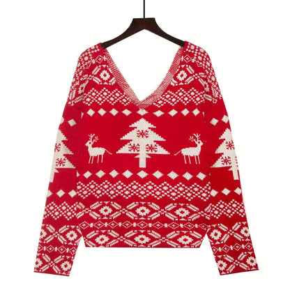 Sexy Oversized Low Back Deep V-Neck Hot Red Pullover Christmas Sweater Sweaters-L
