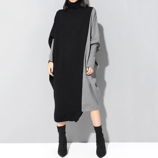 JuliaFashion - Korean Style Spliced Knitted Midi Autumn Fashion Turtleneck Long Sleeve Oversized All-Match Elegant Female Dress