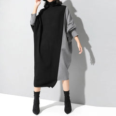JuliaFashion - Korean Style Spliced Knitted Midi Autumn Fashion Turtleneck Long Sleeve Oversized All-Match Elegant Female Dress