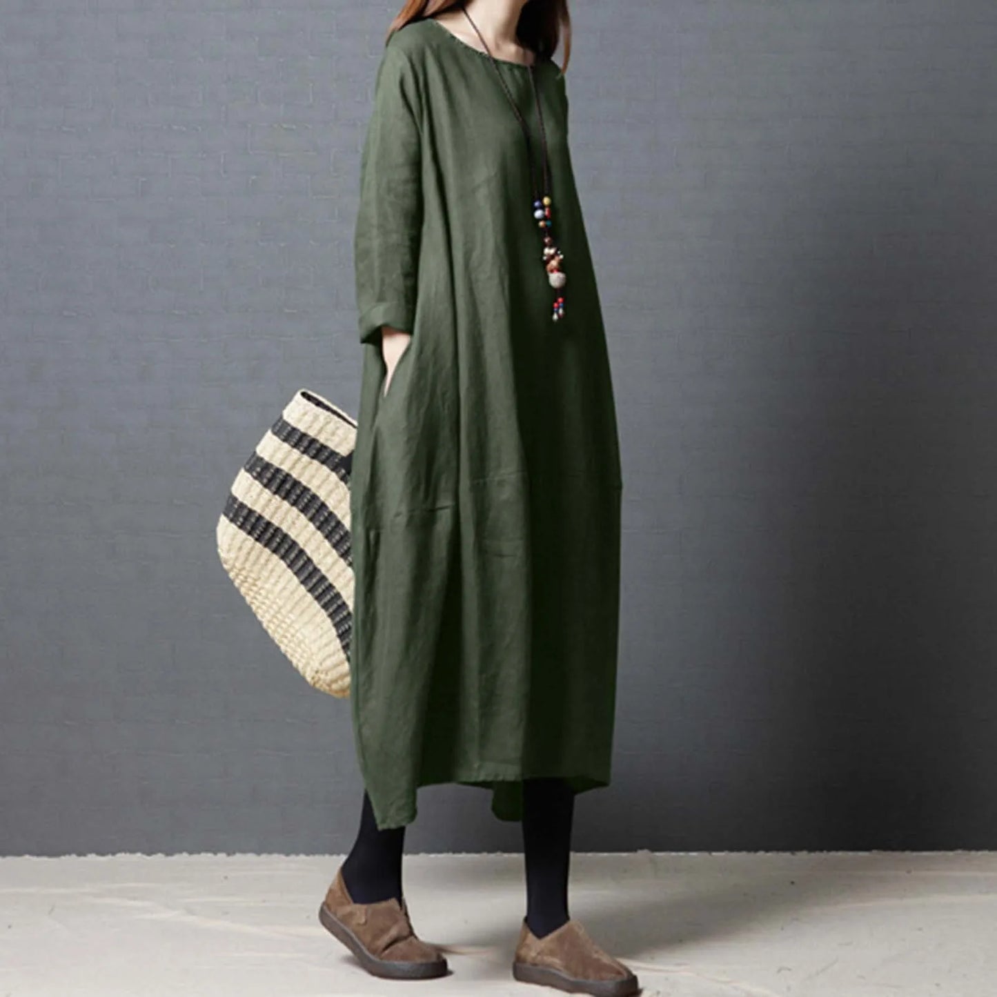 JuliaFashion - Women Long 3/4 Long Sleeve Round Neck Cotton And Linen Loose Women'S Casual Solid Color For Women 2024 Dress