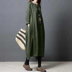 JuliaFashion - Women Long 3/4 Long Sleeve Round Neck Cotton And Linen Loose Women'S Casual Solid Color For Women 2024 Dress