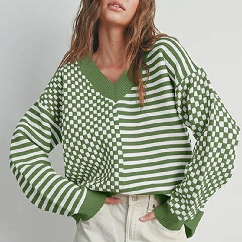 Loose Striped Plaid Casual Long Sleeve Cute Retro Chic Green Christmas Sweater Sweaters-L